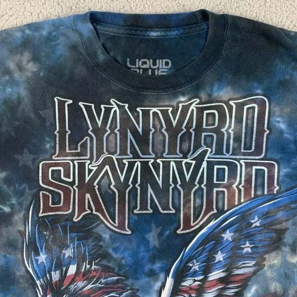 Lynyrd Skynyrd Shirt Men Large Blue Tie Dye LIQUID BLUE Eagle USA Flag Crew Neck - Picture 2 of 11